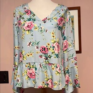 Floral V-Neck Bell Sleeve Top